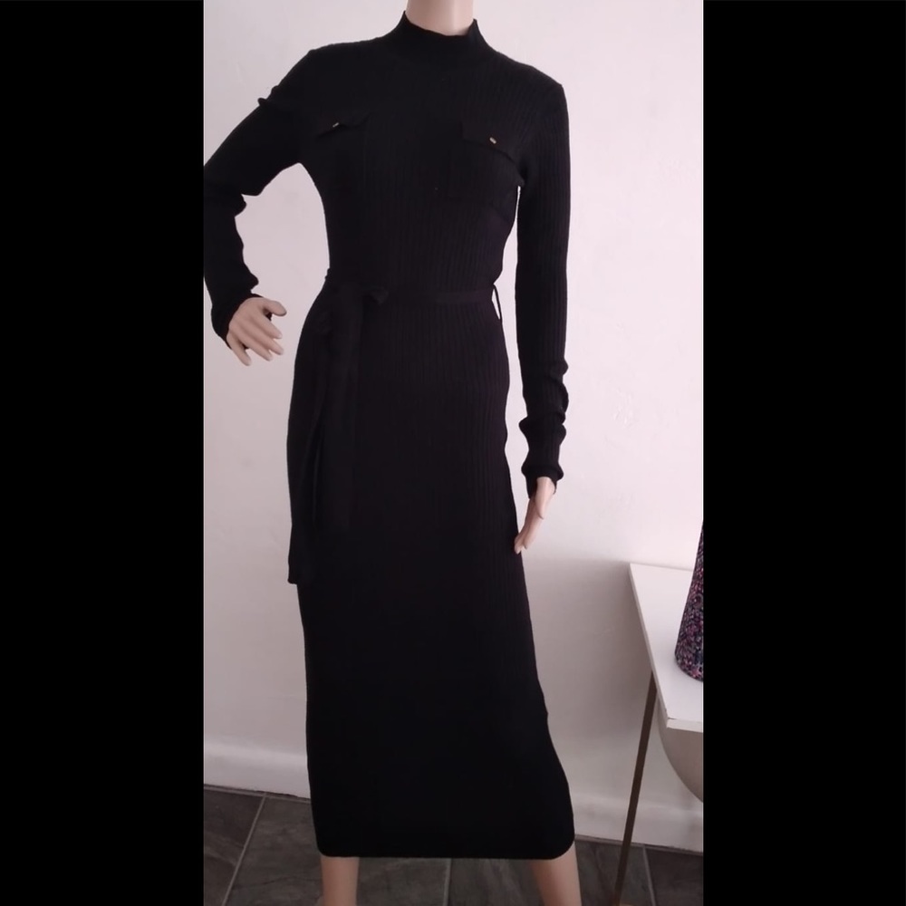 Sexy black long sleeve rib sweater knit dress sm